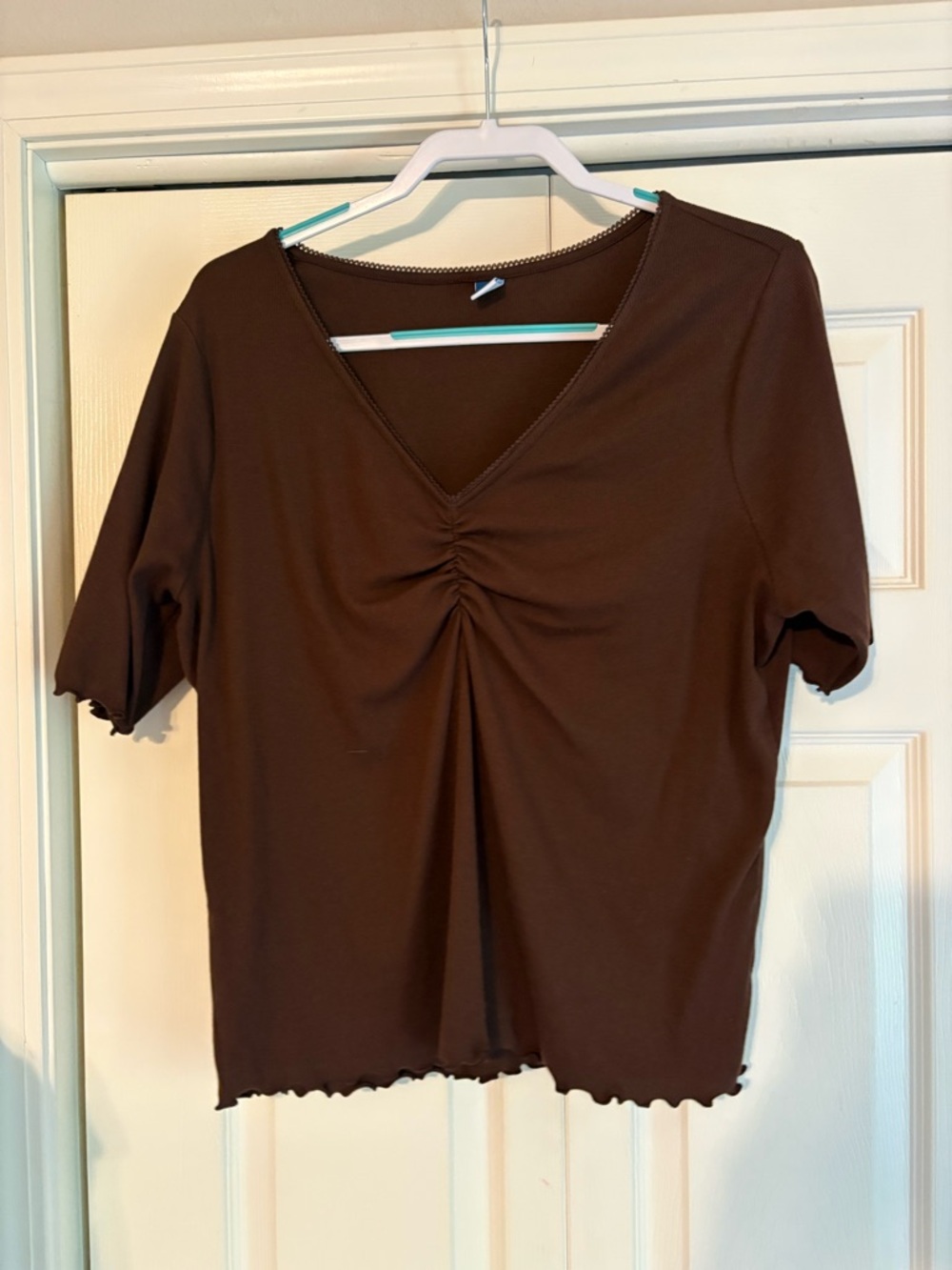 Old Navy Brown V-Neck Ruched Front Short Sleeve Top
